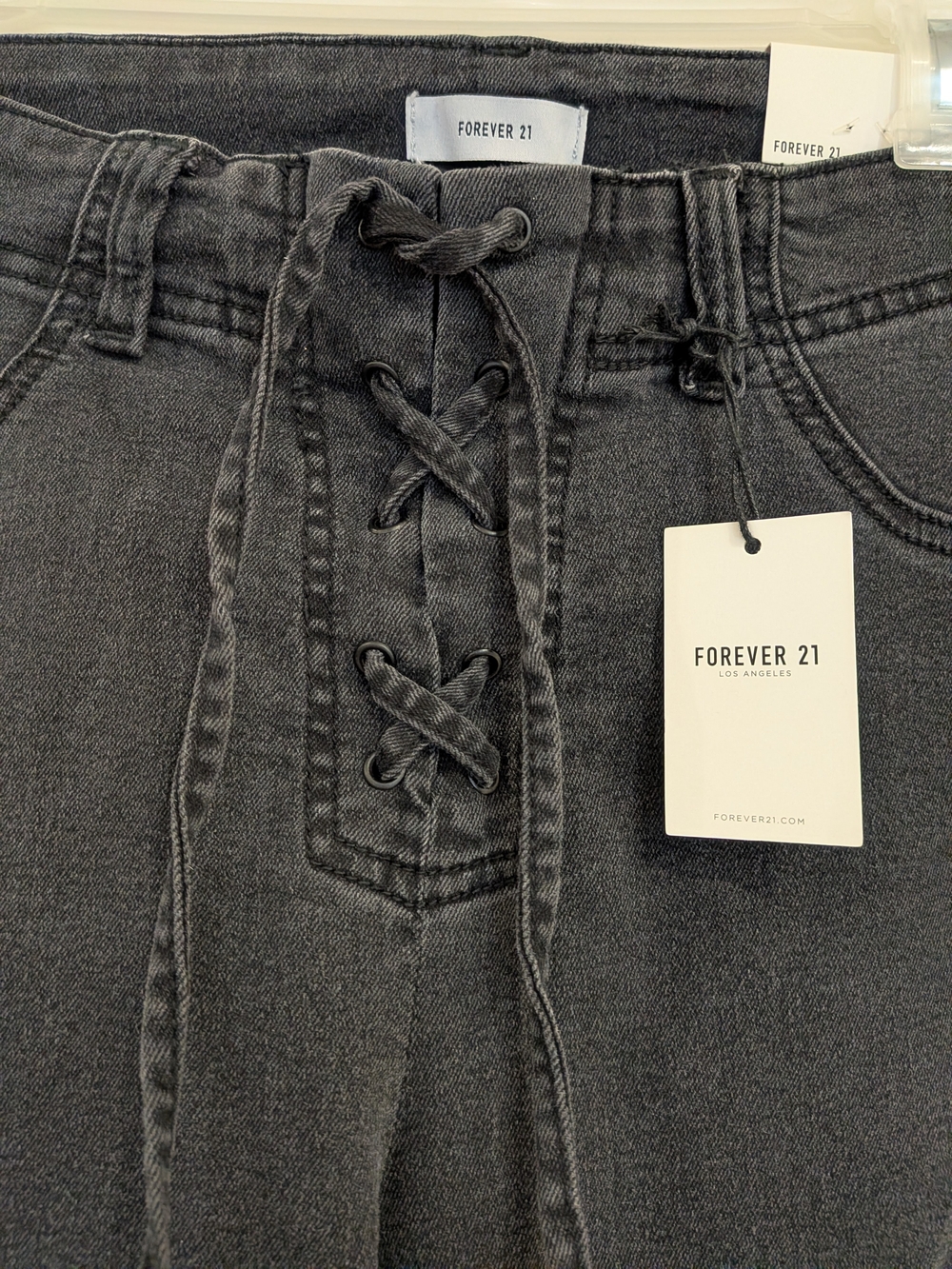 Bootcut Washed Black Lace Up Denim Jeans Women Solid Zip Drawstring NWT - Picture 6 of 10